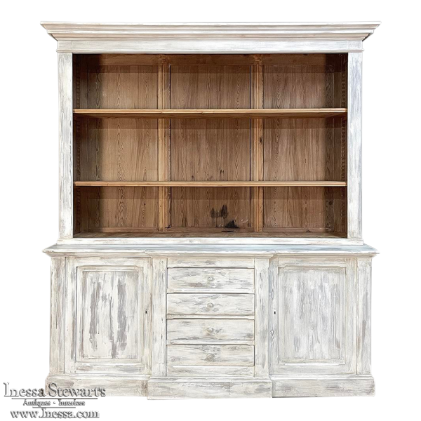 Grand 19th Century French Rustic Neoclassical Bookcase in Whitewashed Pine