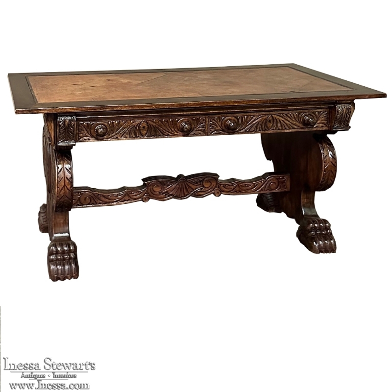 Antique Italian Renaissance Walnut Desk with Leather Top