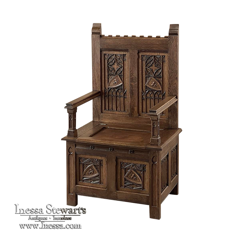 Antique French Neogothic Caquetoire ~ Cathedral Chair ~ Armchair