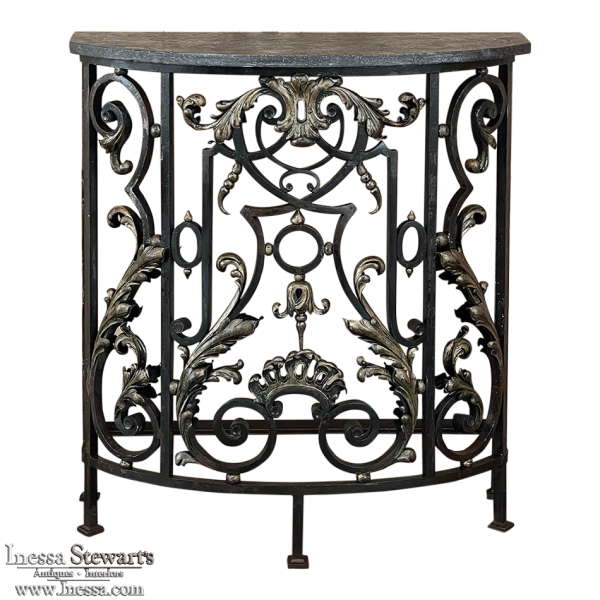 19th Century French Louis XIV Wrought Iron Demilune Console with Black Marble