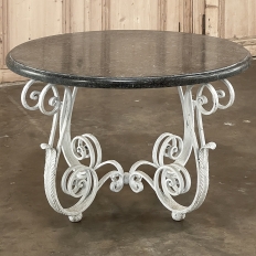 Antique French Painted Wrought Iron Round Coffee Table with Black Marble