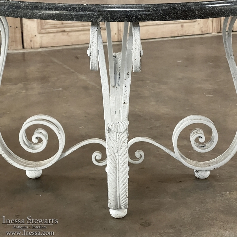 Antique French Painted Wrought Iron Round Coffee Table with Black Marble