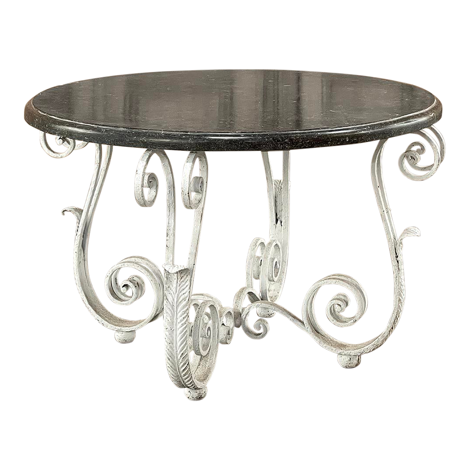 Antique French Painted Wrought Iron Round Coffee Table with Black