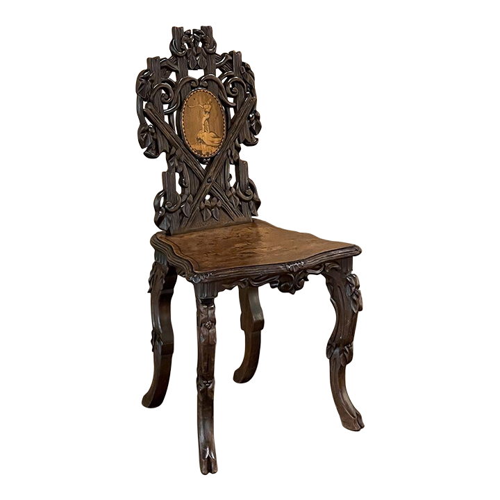 19th Century Black Forest Carved Inlaid Salon Chair