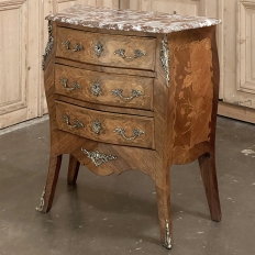 Antique French Louis XV Bombe Marble Top Marquetry Commode