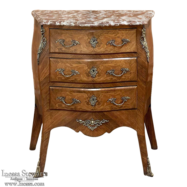 19th Century French Louis XV Bombe Marble Top Marquetry Commode