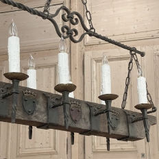 Antique Rustic Wrought Iron & Timber Chandelier