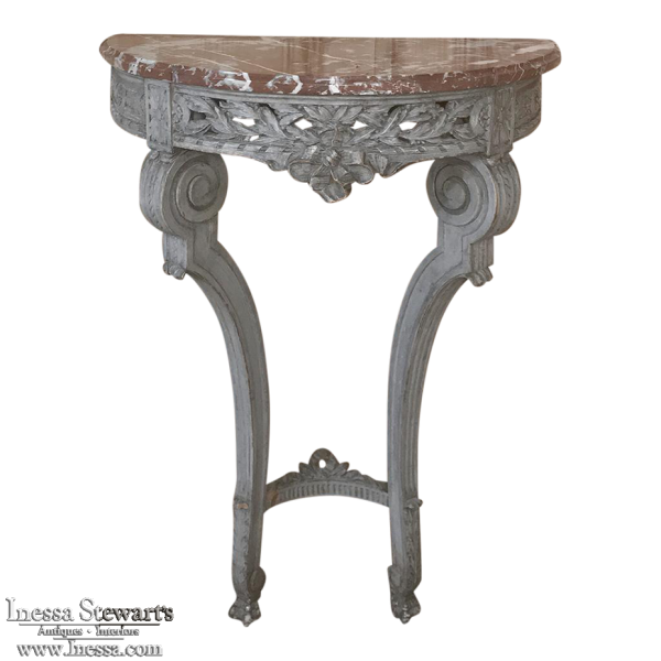 19th Century French Louis XVI Demllune Marble Top Console