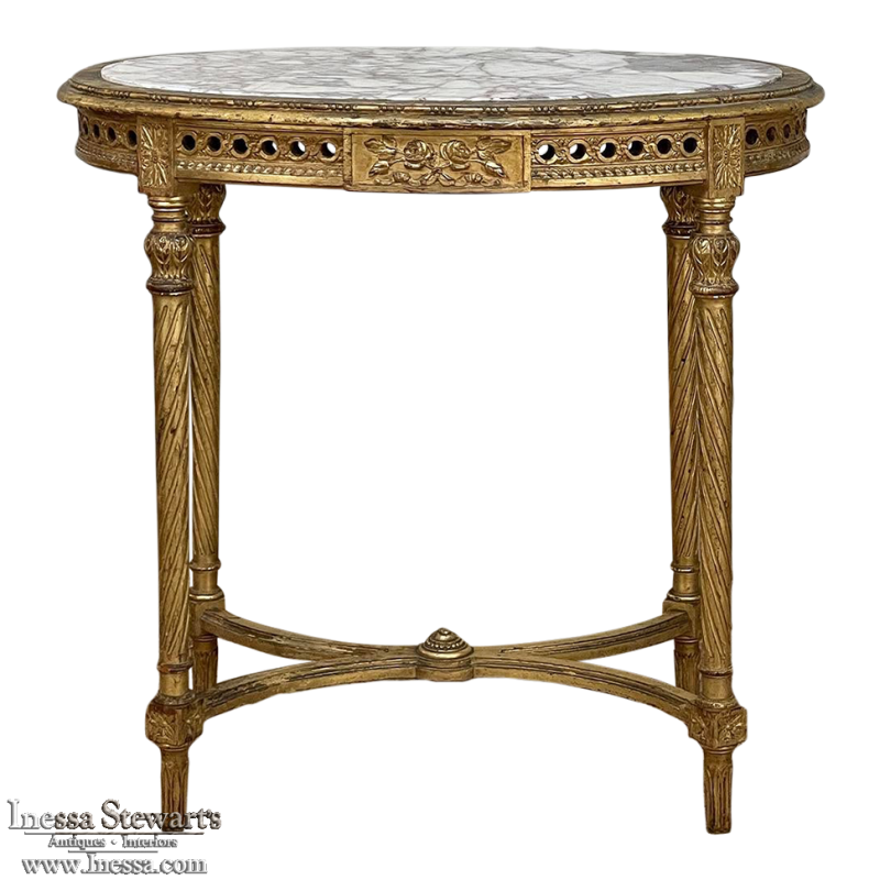 19th Century French Louis XVI Neoclassical Giltwood Marble Top Oval End Table