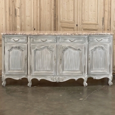 Antique Country French Whitewashed Walnut Step Front Marble Top Buffet