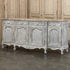Antique Country French Whitewashed Walnut Step Front Marble Top Buffet