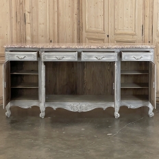 Antique Country French Whitewashed Walnut Step Front Marble Top Buffet