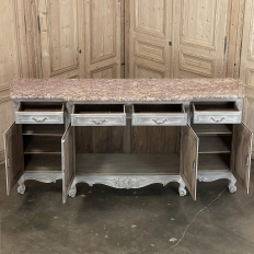Antique Country French Whitewashed Walnut Step Front Marble Top Buffet
