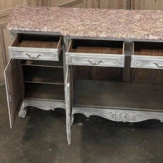 Antique Country French Whitewashed Walnut Step Front Marble Top Buffet