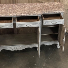 Antique Country French Whitewashed Walnut Step Front Marble Top Buffet