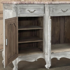 Antique Country French Whitewashed Walnut Step Front Marble Top Buffet