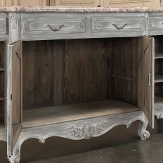 Antique Country French Whitewashed Walnut Step Front Marble Top Buffet