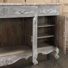Antique Country French Whitewashed Walnut Step Front Marble Top Buffet