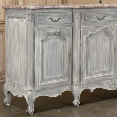 Antique Country French Whitewashed Walnut Step Front Marble Top Buffet