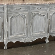 Antique Country French Whitewashed Walnut Step Front Marble Top Buffet
