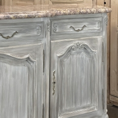 Antique Country French Whitewashed Walnut Step Front Marble Top Buffet
