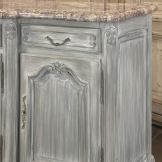 Antique Country French Whitewashed Walnut Step Front Marble Top Buffet