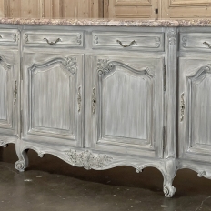 Antique Country French Whitewashed Walnut Step Front Marble Top Buffet