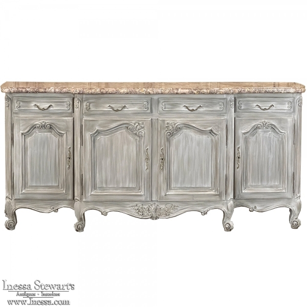 Antique French Whitewashed Walnut Step-Front Marble Top Buffet