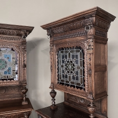 Pair 19th Century Flemish Renaissance Bookcases ~ Buffets with Stained Glass