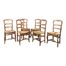 Set of 6 Country French Fruitwood Rush Seat Dining Chairs