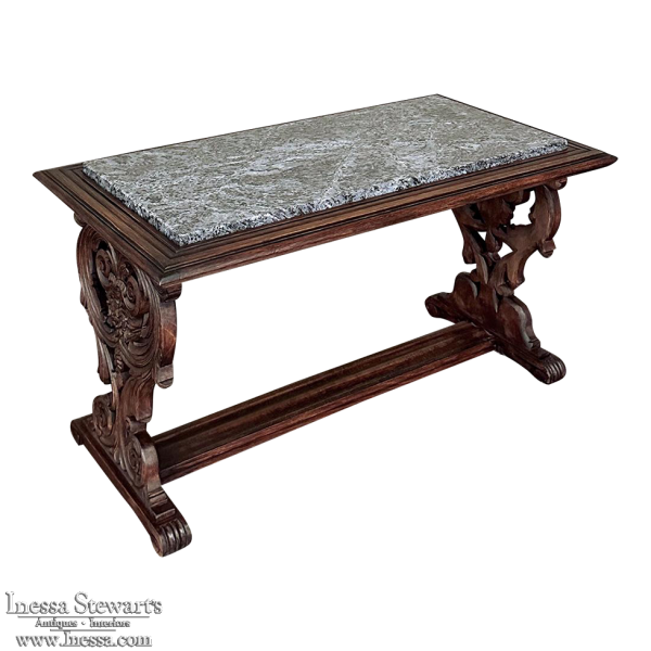 Antique French Renaissance Fruitwood Marble Top Coffee Table