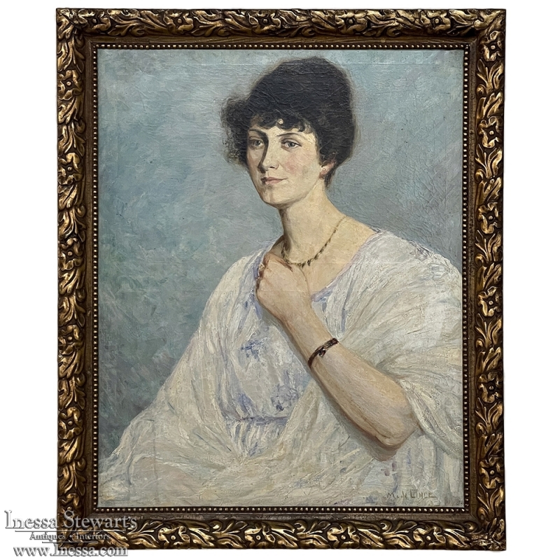 Antique Framed Oil Portrait Painting on Canvas by Marcel de Lince (1886-1958)