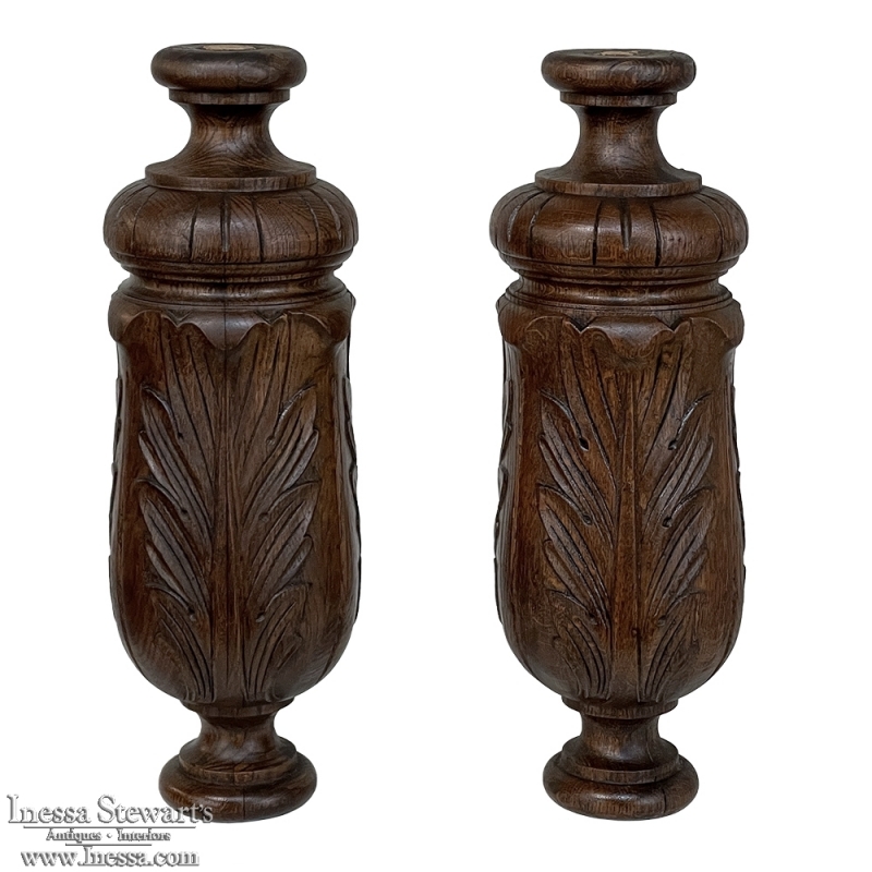 Pair 19th Century French Neoclassical Hand-Carved Walnut Pediments ~ Columns