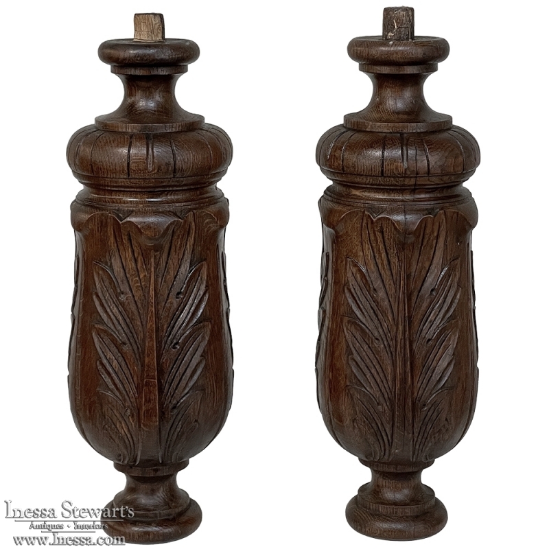 Pair 19th Century French Neoclassical Hand-Carved Walnut Pediments ~ Columns