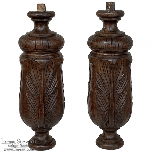 Pair Antique Neoclassical Hand-Carved Oak Pediments