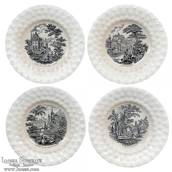 Set of Four 19th Century Black and White Transferware Plates