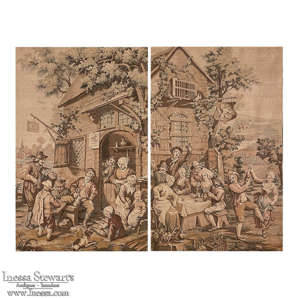 Pair Antique Tapestries after David Teniers the Younger