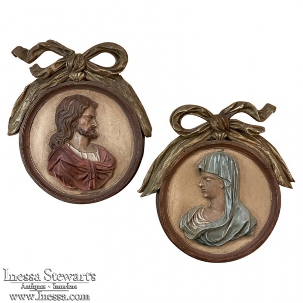 Pair of 18th Century Italian Carved Wood and Painted Religious Cameos