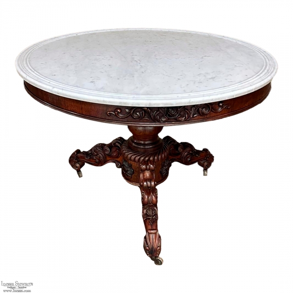 19th Century French Napoleon III Period Walnut Center Table with Original Carrara Marble