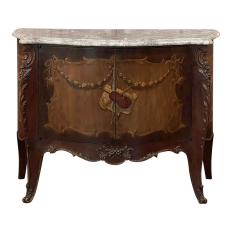 Antique Italian Hand-Painted Marble Top Bombe Commode ~ Cabinet