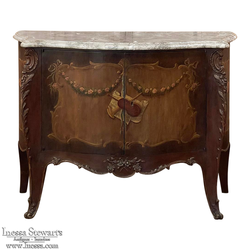 Antique Italian Hand-Painted Marble Top Bombe Commode ~ Cabinet