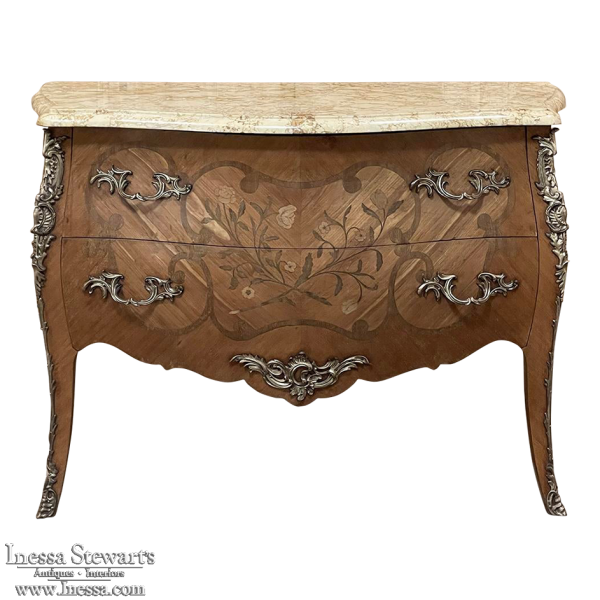 Antique French Louis XV Bombe Marquetry Marble Top Commode