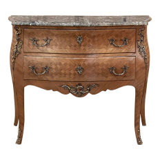 Antique French Louis XV Bombe Marble Top Parquet Commode