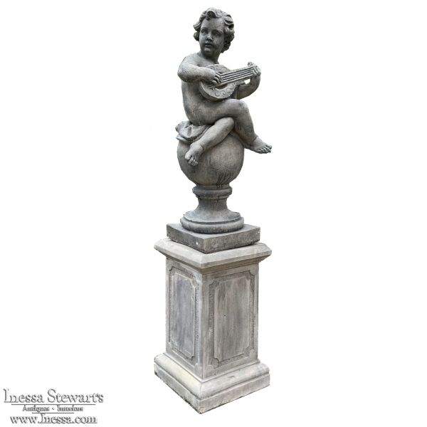 Neoclassical Cast Stone Statue with Pedestal ~ Cherub Playing Lute