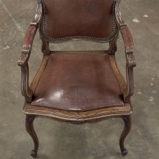 Pair Antique Country French Louis XV Walnut Armchairs with Leather