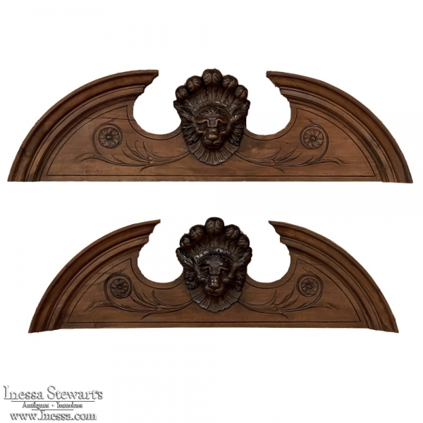 Pair Antique Italian Hand-Carved Walnut Architectural Crowns