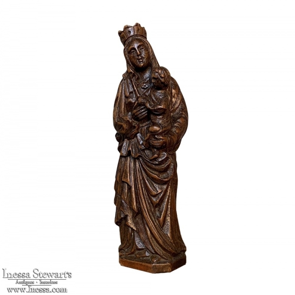 19th Century Hand-Carved Wood Statue of Madonna & Child