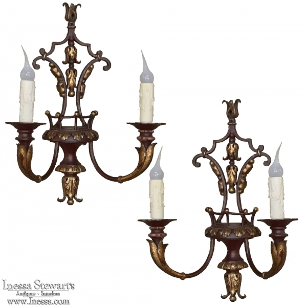 Pair of Antique Italian Wrought Iron and Painted Wood Sconces