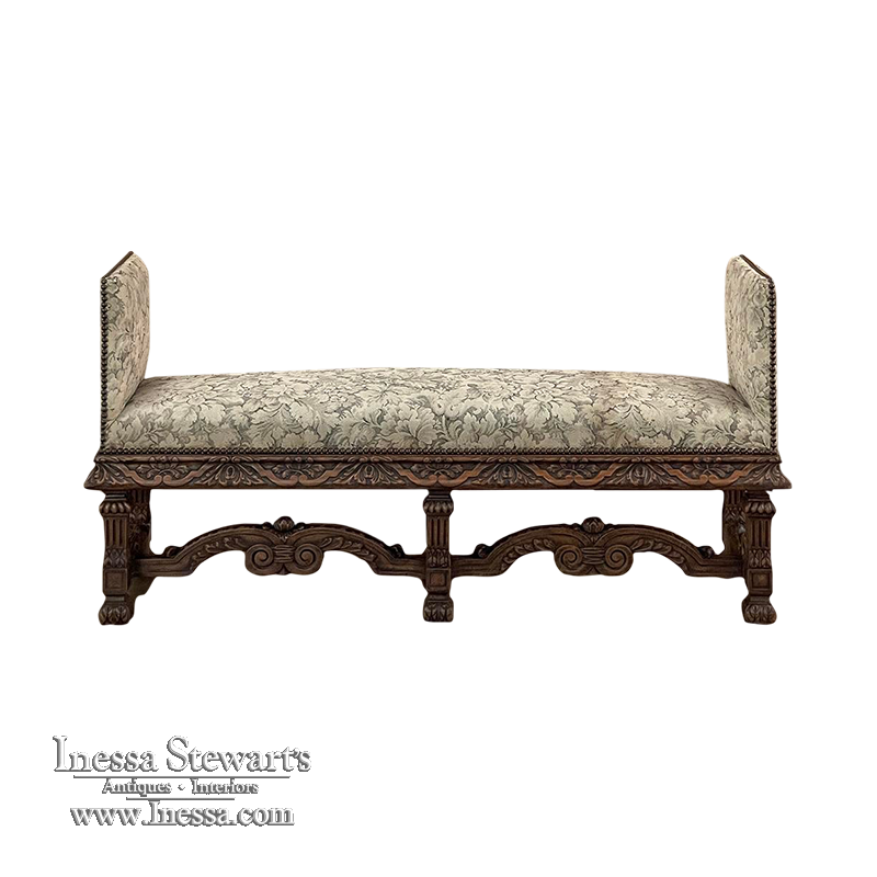 Antique French Louis XIV Upholstered Armbench