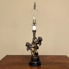Antique French Neoclassical Cast Bronze & Slate Table Lamp with Silk Shade